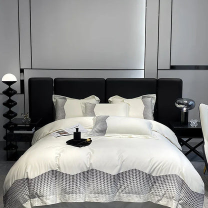 طقم مفروشات فاخر مطرز من القطن DecorBites™ 1000TC باللون الأزرق والأبيض والشمبانيا