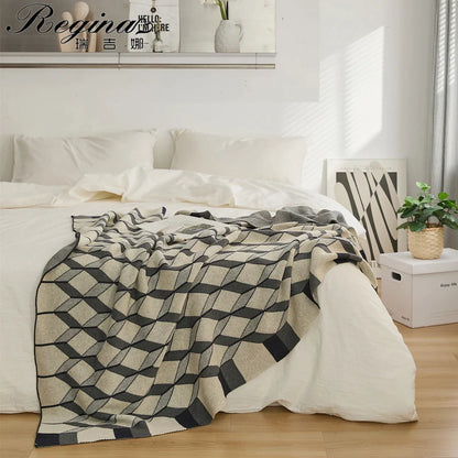 Manta de algodón tejida a cuadros con diseño de cubo 3D DecorBites™ - Cubrecama nórdico suave y acogedor