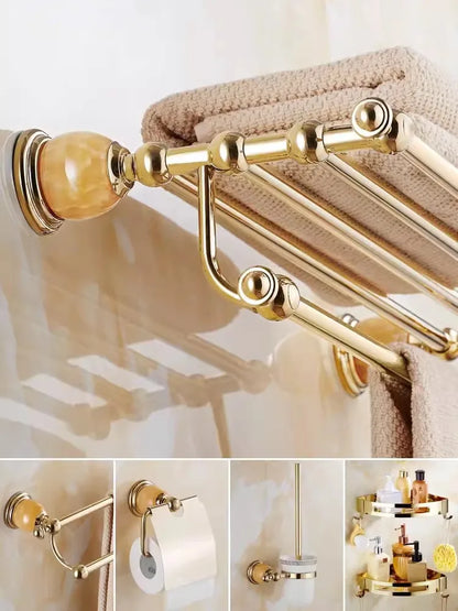 DecorBites™ Brass Jade Bathroom Accessories Set: Towel Bar, Soap Holder, Towel Rack, Glass Shelf