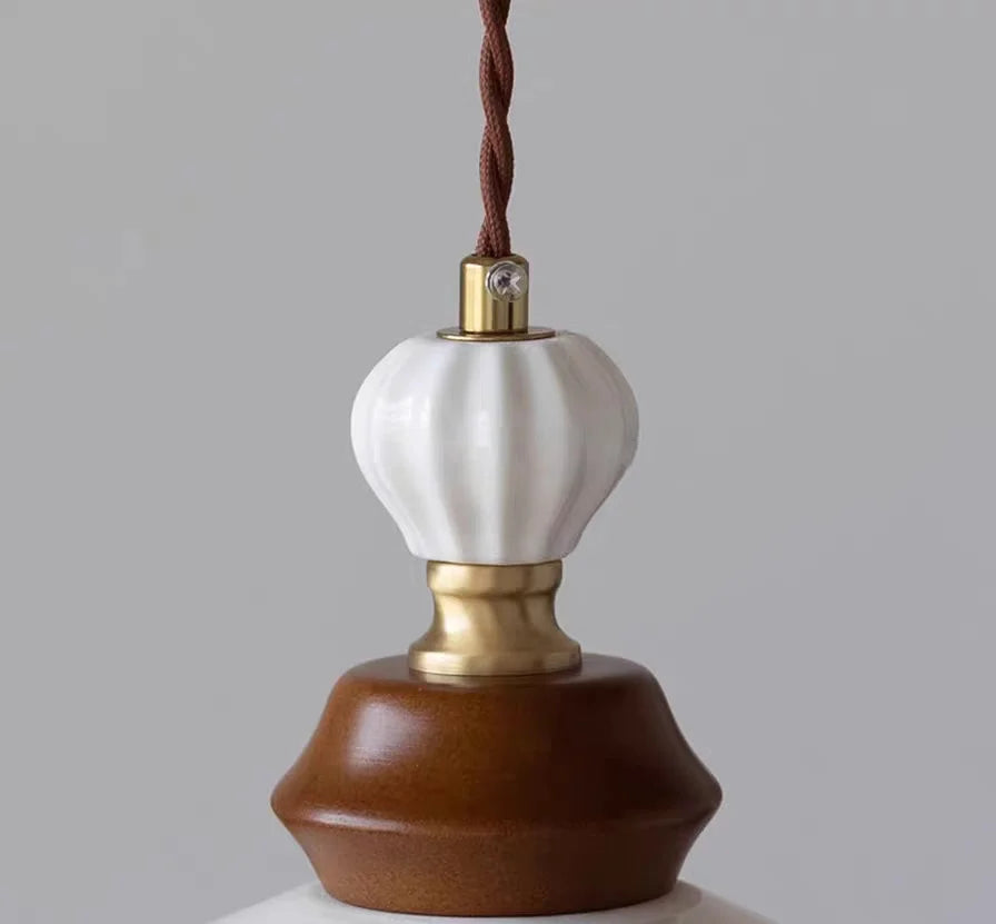 DecorBites™ Ceramic LED Wall Light Copper Pull Chain Wood Base Modern Bedside Lamp