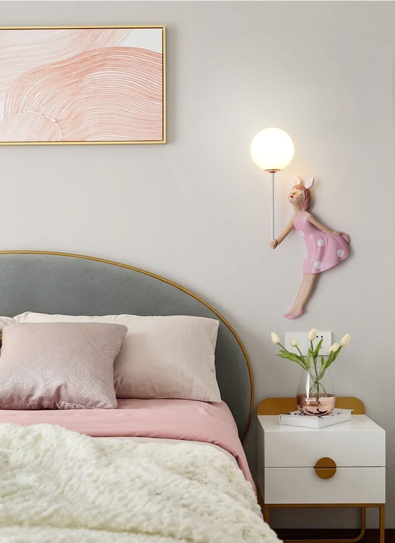 pink ceramic fairy girl wall lamp with round globe light and bunny ears for bedroom wall lamp
