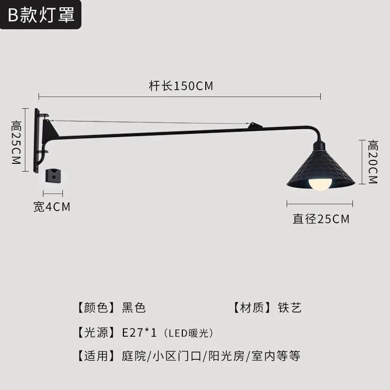 مصباح حائطي أسود LED من DecorBites™ مزود بذراع متأرجح للديكور الخارجي في غرفة النوم والشرفة والممر