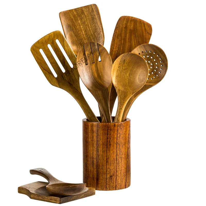 DecorBites™ 9-Piece Wooden Cooking Utensils Set with Holder - Teak Kitchen Tools