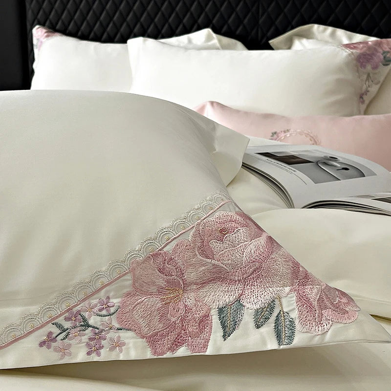 DecorBites™ French Flowers Embroidery Luxury Bedding Set in 1000TC Egyptian Cotton