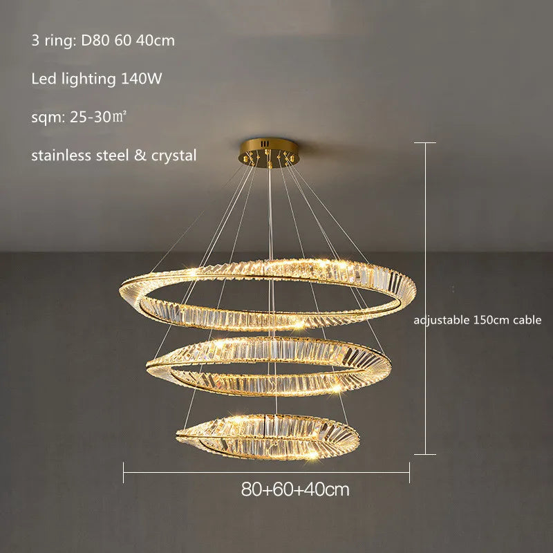 DecorBites™ Gold Plated Steel Ring Pendant Lamp with Dimmable LED Lights and K9 Crystals