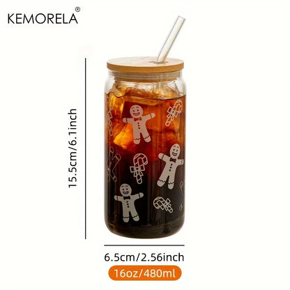 DecorBites™ Christmas Themed Glass Beer Can Mug with Lid and Straw | Festive Xmas Tree and Elk Design