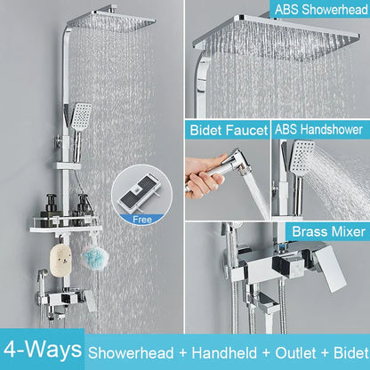 DecorBites™ Black Brass Shower Faucet Set Rainfall Bathtub Tap With Bathroom Shelf