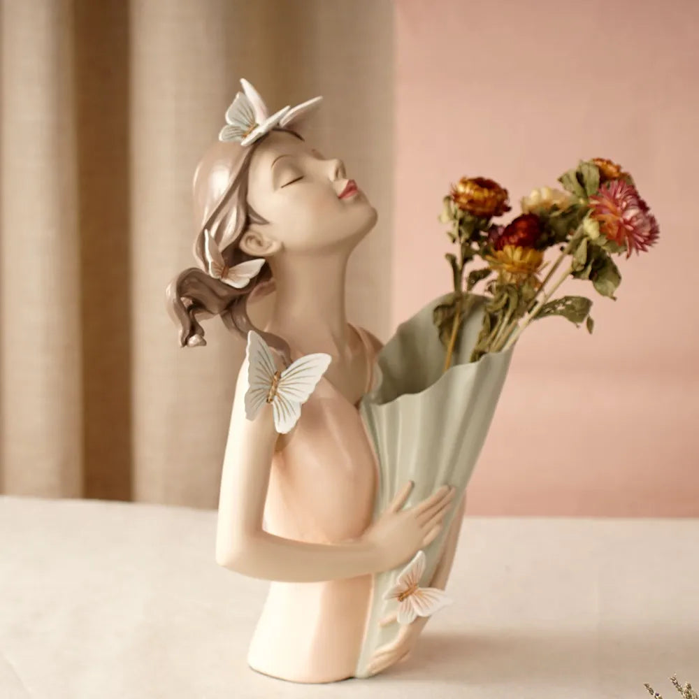 DecorBites™ Estatua de niña mariposa rosa de 30 cm en jarrón, figura decorativa moderna de resina para el hogar