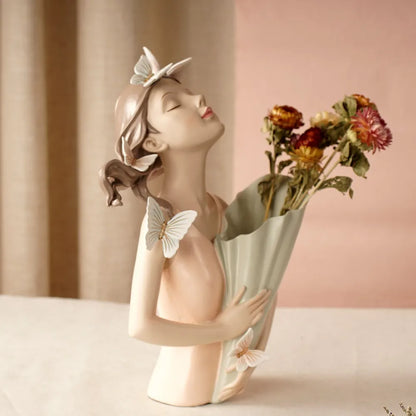 DecorBites™ Estatua de niña mariposa rosa de 30 cm en jarrón, figura decorativa moderna de resina para el hogar