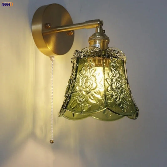 DecorBites™ Green Glass LED Wall Lights Pull Chain Switch Vintage Style Bedside Lamp
