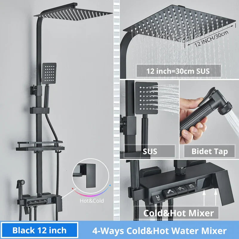 DecorBites™ Digital Display Shower Faucet Rainfall Head Thermostatic Mixer Set