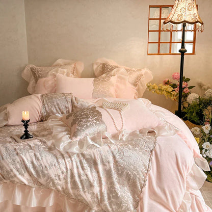 Decobites French Lace Ruffles Princess Bedding Set with Warm Milk Velvet Duvet Cover