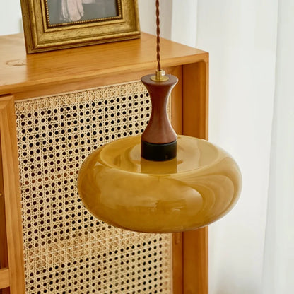 DecorBites™ Amber LED Pendant Light Fixture Wood Glass Loft Adjustable Hang Lamp