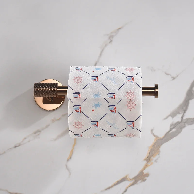 DecorBites™ Bathroom Accessories Set: Rose Gold Chrome Hook, Brushed Gold Towel Rack, Stainless Steel Toilet Paper Holder