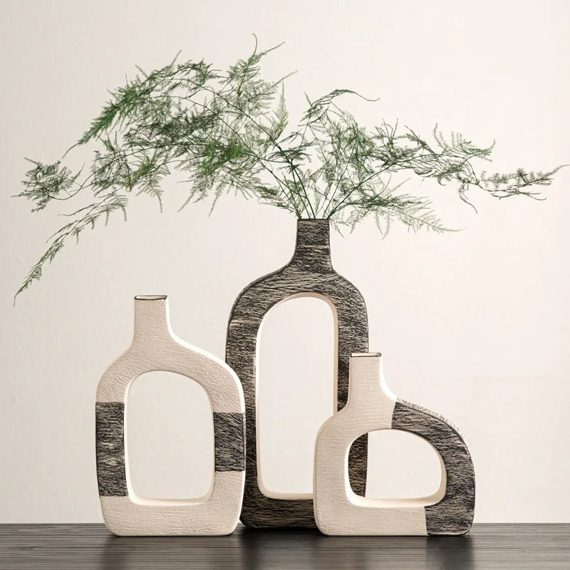 Florero de cerámica DecorBites™ con rayas geométricas para decoración del hogar y arreglos florales