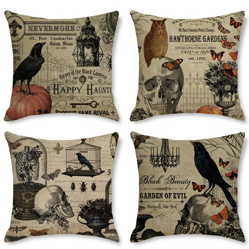 Decorbites™ Halloween-Kissenbezug-Set – Festive Bezüge für Sofakissen mit Druck von Kürbis, Katze und Hexenhut.