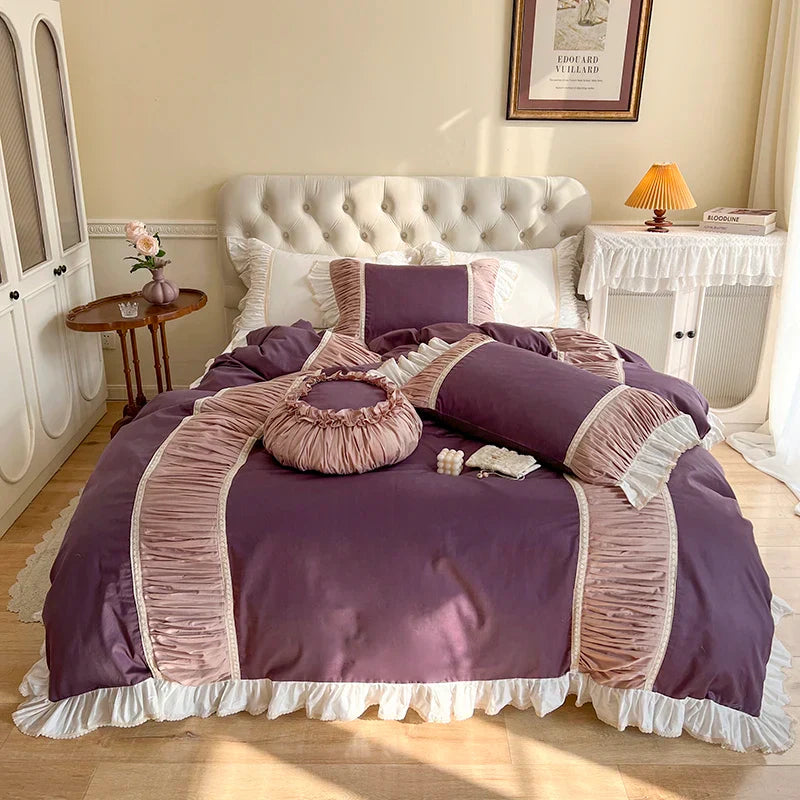 Decobites Korean Princess Style Cotton Bedding Set with Pleated Ruffles and Soft Quilt Cover