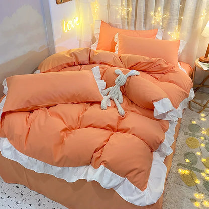 DecorBites™ Cotton Ruffle Edge Duvet Cover Set - Soft, Thick, Solid Color