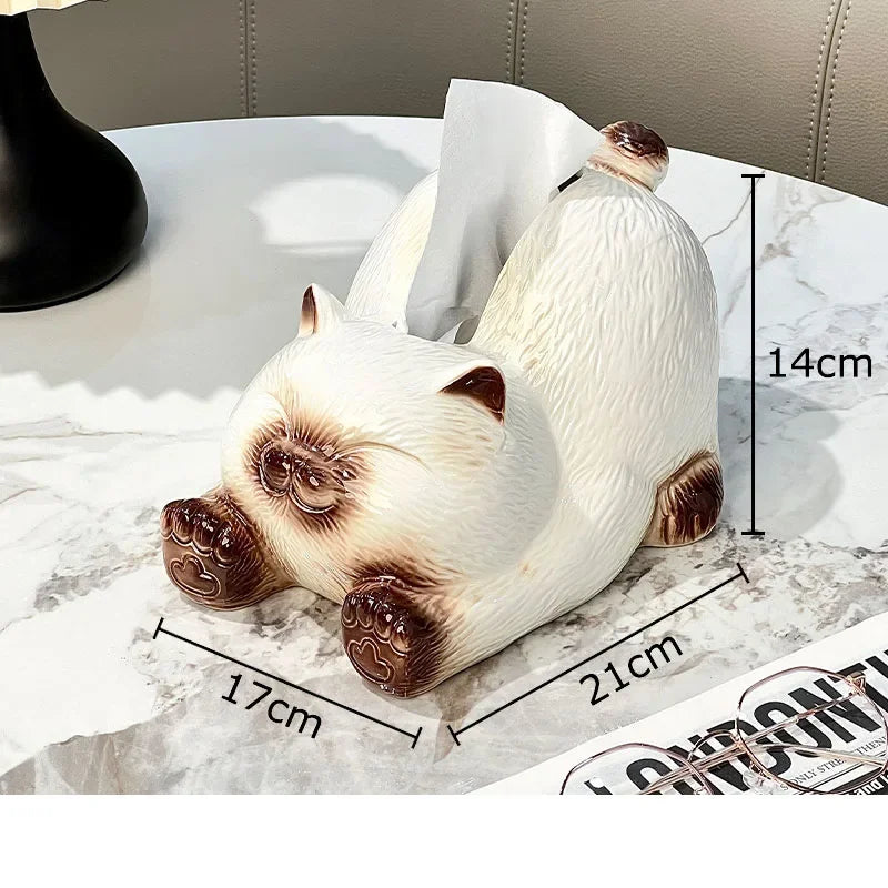 DecorBites™ Cartoon Siamese Kitten Ceramic Tissue Box for Coffee Table and Desk