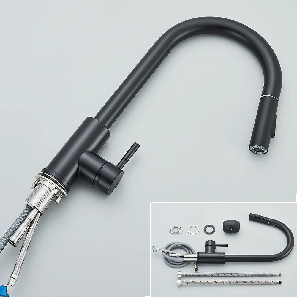 صنبور مطبخ أسود من DecorBites™: خلاط سحب بمقبض واحد، صنبوران للمياه الساخنة والباردة بوظيفتين