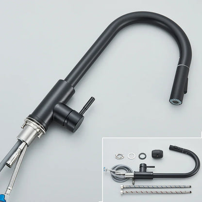 صنبور مطبخ أسود من DecorBites™: خلاط سحب بمقبض واحد، صنبوران للمياه الساخنة والباردة بوظيفتين