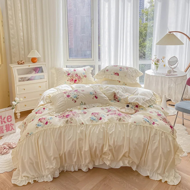 Decobites Rose Print Cotton Bedding Set with Pleated Ruffles and French-Inspired Design