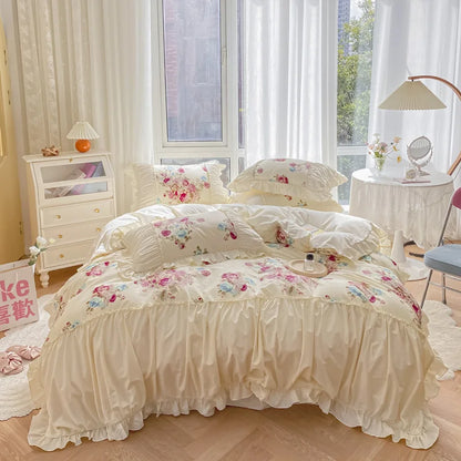 Decobites Rose Print Cotton Bedding Set with Pleated Ruffles and French-Inspired Design