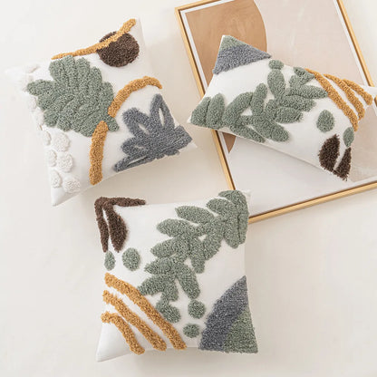 DecorBites™ Leaf Embroidered Boho Tufted Cotton Canvas Cushion Cover for Sofa Living Room