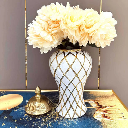 DecorBites™ Gold Diamond Porcelain Vase: Elegant Ceramic Home Decoration & Storage Jar
