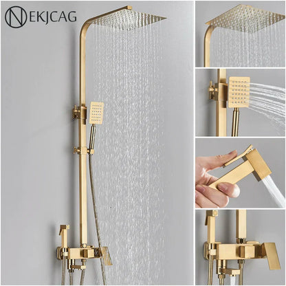 DecorBites™ Brushed Gold Shower Faucet Set: Adjustable Height 4-Function Mixer Bathtub Tap