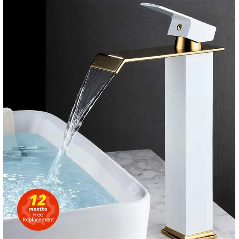 DecorBites™ Gold White Waterfall Brass Bathroom Basin Faucet Mixer Tap Hot Cold Sink