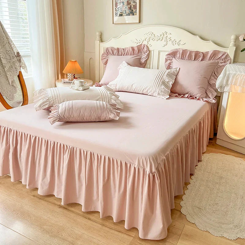 Decobites Pink Korean Princess Pleat Ruffles Cotton Bedding Set - 3/4Pcs