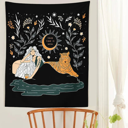 Decobites Tiger Woman Tapestry Wall Hanging Psychedelic Starry Sky Wall Decor