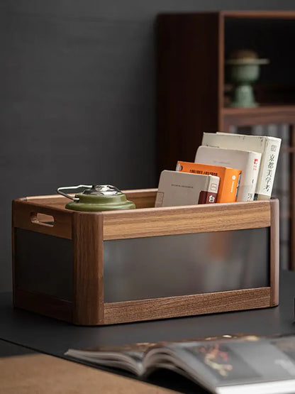 صندوق منظم سطح المكتب من خشب الجوز الأسود من ديكوربايتس™ - حقيبة متعددة الاستخدامات للمكتب والمكياج