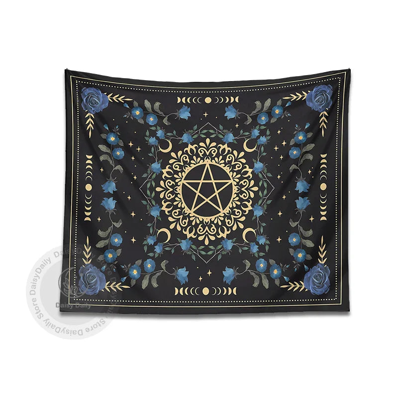 Decobites Blue Rose Moon Floral Tapestry Wall Hanging Botanical Tarot Mat