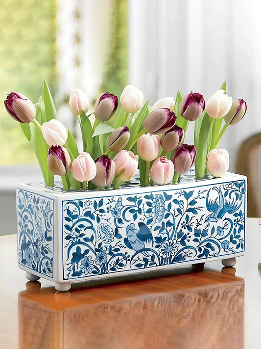 DecorBites™ Blue White Porcelain Square Flowerpot Vase Chinese Retro Home Decor
