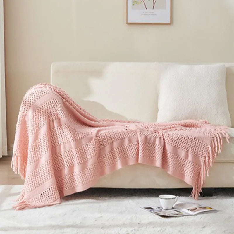 DecorBites™ Knitted Tassels Blanket: Cozy Solid Color for Sofa, Bed, or Homestay