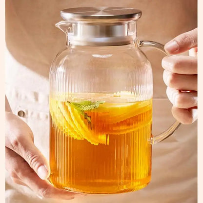 DecorBites™ Glass Cold Water Kettle Set: Transparent Stripe Design, Stainless Steel Lid, 1.6L Capacity