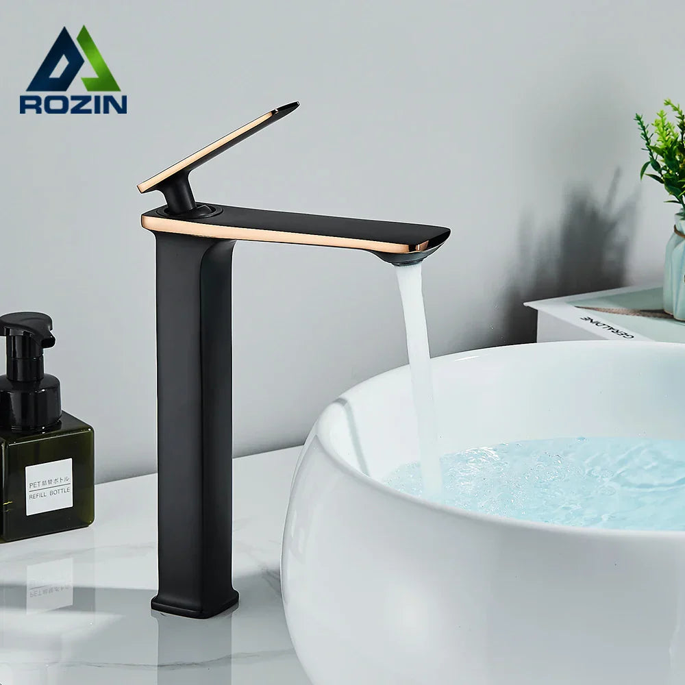 DecorBites™ Black Rose Gold Basin Faucet: Modern Deck Mounted Sink Mixer Tap for Luxury Bathrooms