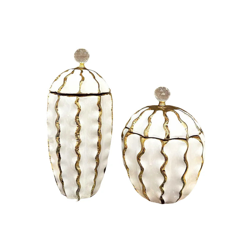 DecorBites™ Golden Checkmate Ceramic Pot Vase Wavy Gilt Storage Tank