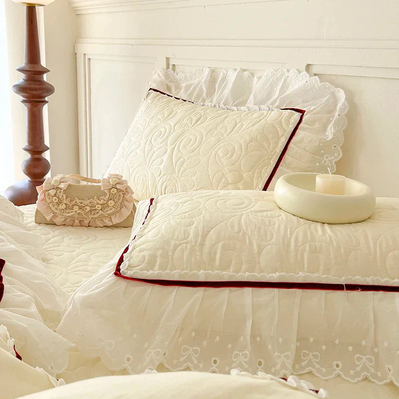 Decobites Lace Ruffles Bedding Set: 4pcs Solid Color Princess Quilt Cover, Bed Skirt, 100% Cotton Pillowcase