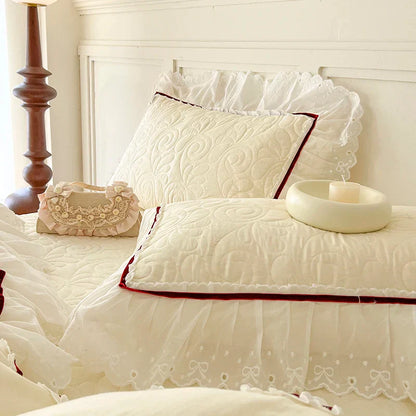 DecorBites™ Lace Ruffles Bedding Set: 4pcs Solid Color Princess Quilt Cover, Bed Skirt, 100% Cotton Pillowcase