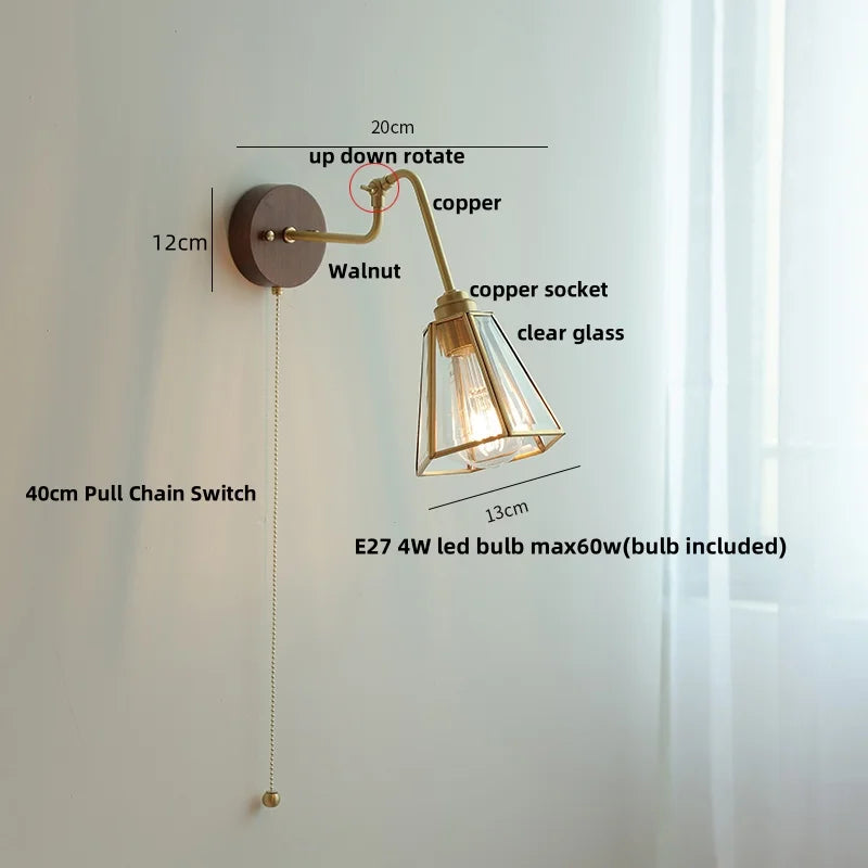 DecorBites™ Clear Glass LED Wall Sconce Pull Chain Switch Rotate Arm Walnut Wood Stair Light