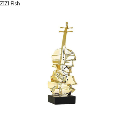 DecorBites™ Golden Violin Sculpture Resin Art Ornament Stack Violin Statue Decor