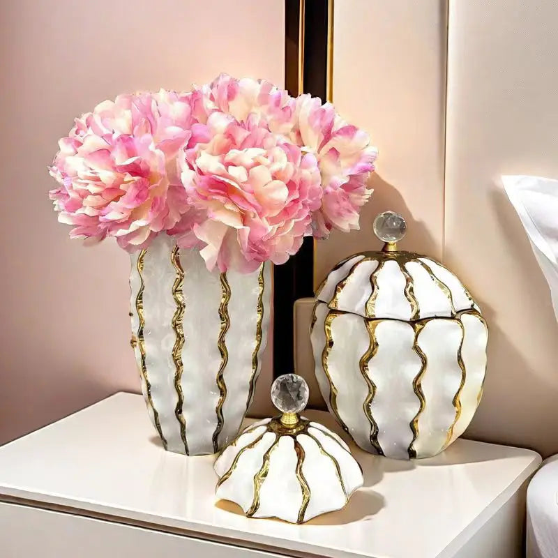 DecorBites™ Golden Checkmate Ceramic Pot Vase Wavy Gilt Storage Tank