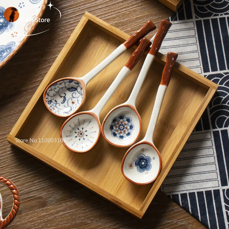 DecorBites™ Japanese Vine Ceramic Spoon Set - Ins Wind Hand-painted Long Handle Dessert Spoons