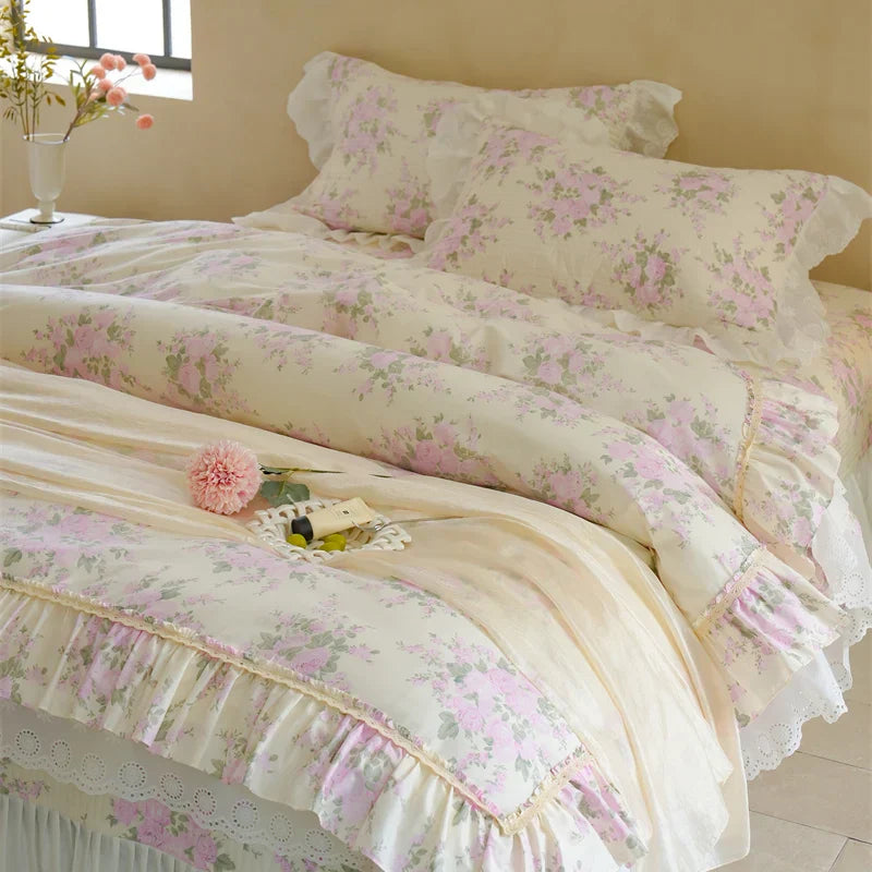 Decobites Pure Cotton Floral Quilted Bedding Set with Lace Ruffles