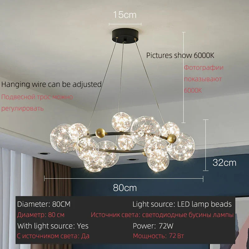 DecorBites™ LED Glass Bulb Pendant Light: Modern Round Design, Gold/Black, Gypsophila String