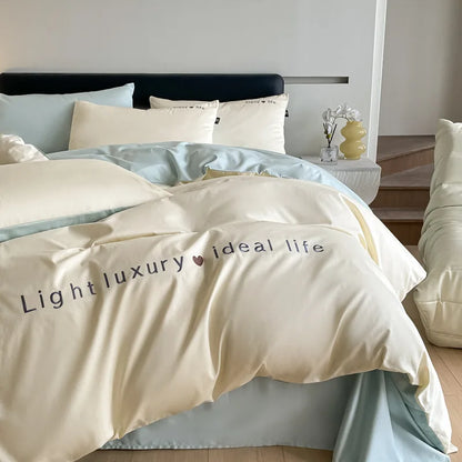 DecorBites™ 120S Long Staple Cotton Satin Embroidery Bedding Set - Solid Color Twin Full Double Comforter