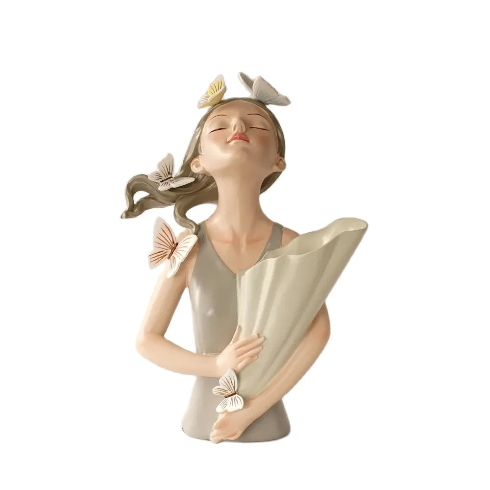 DecorBites™ Estatua de niña mariposa rosa de 30 cm en jarrón, figura decorativa moderna de resina para el hogar